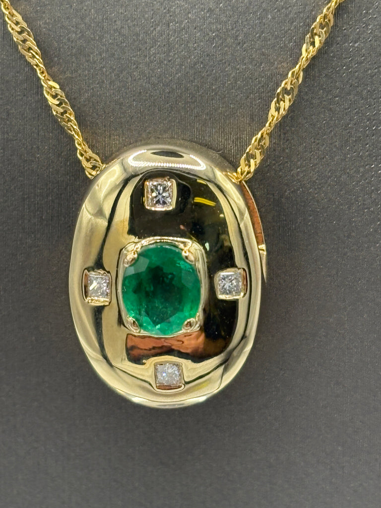 14 Karat Yellow Gold Ladies Emerald & Diamond Dome Pendant