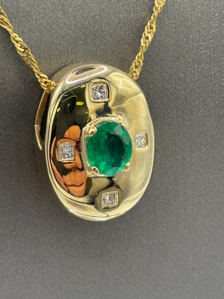 14 Karat Yellow Gold Ladies Emerald & Diamond Dome Pendant
