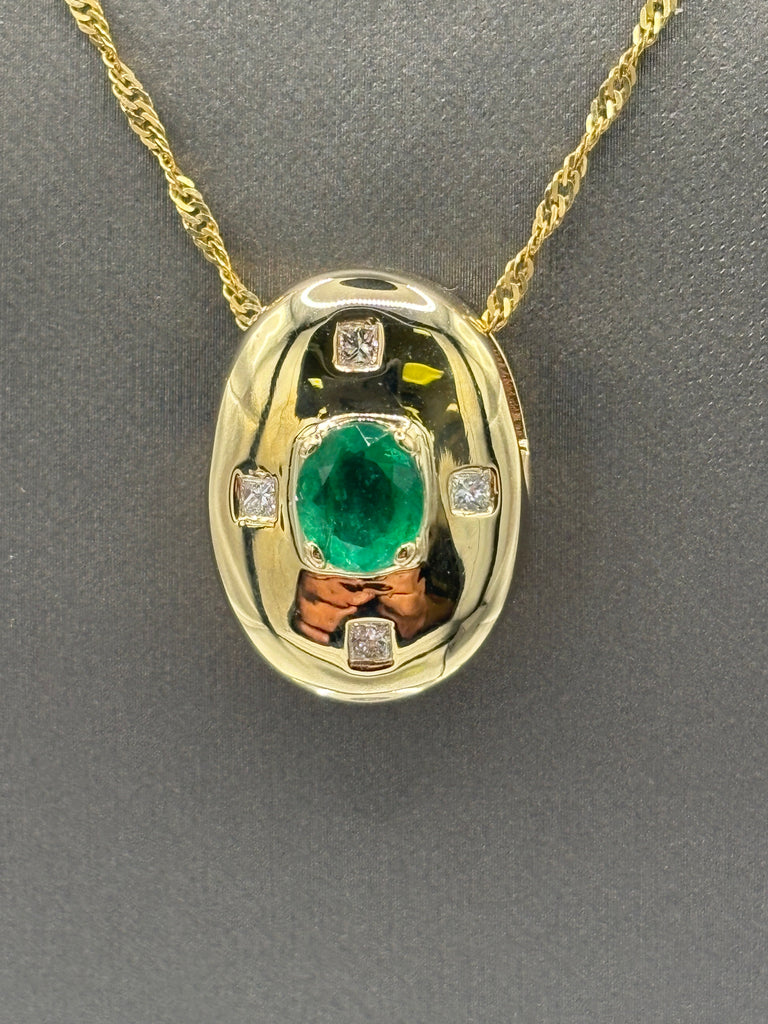 14 Karat Yellow Gold Ladies Emerald & Diamond Dome Pendant
