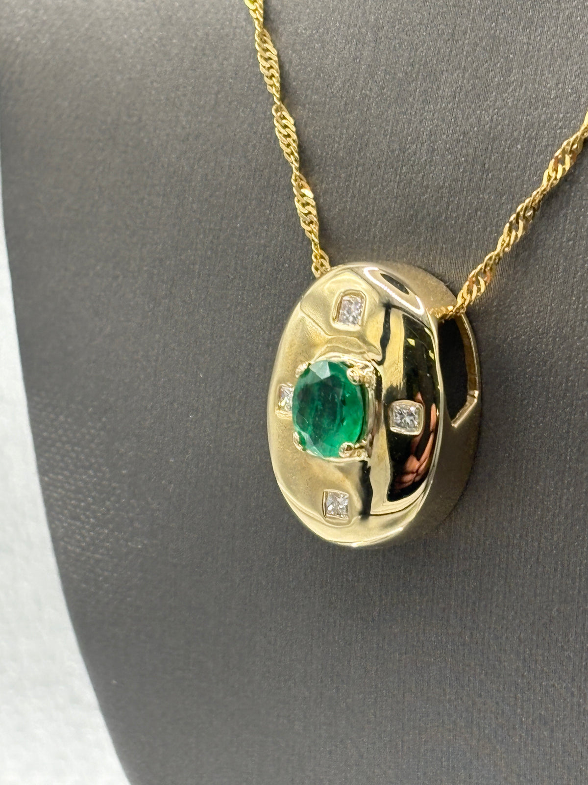 14 Karat Yellow Gold Ladies Emerald & Diamond Dome Pendant