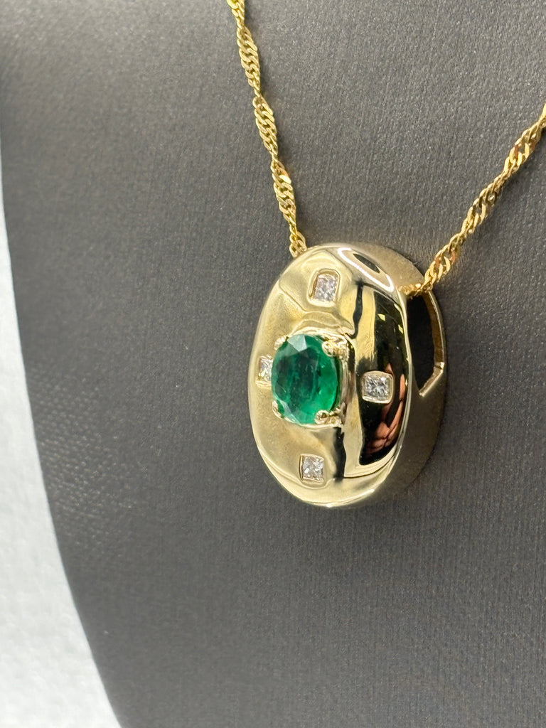 14 Karat Yellow Gold Ladies Emerald & Diamond Dome Pendant