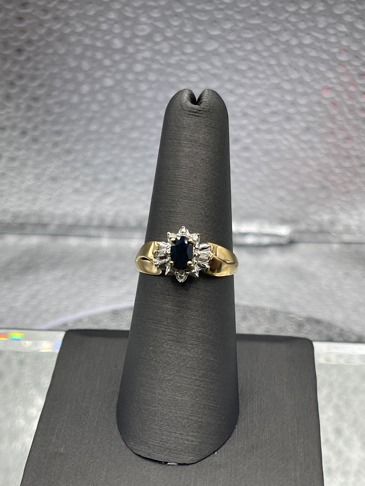 Ladies 10 Karat Solid Yellow and White Gold Blue Sapphire and Diamond Ring