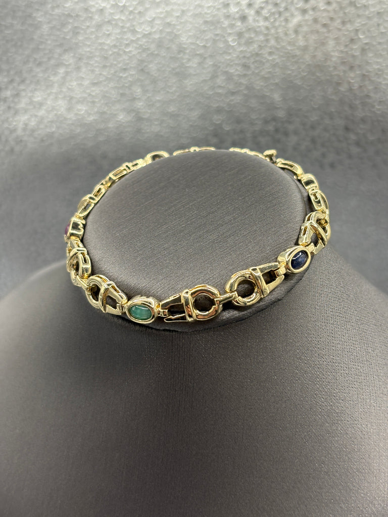 14 Karat Yellow Gold Italian Custom Colored Stone Link Bracelet