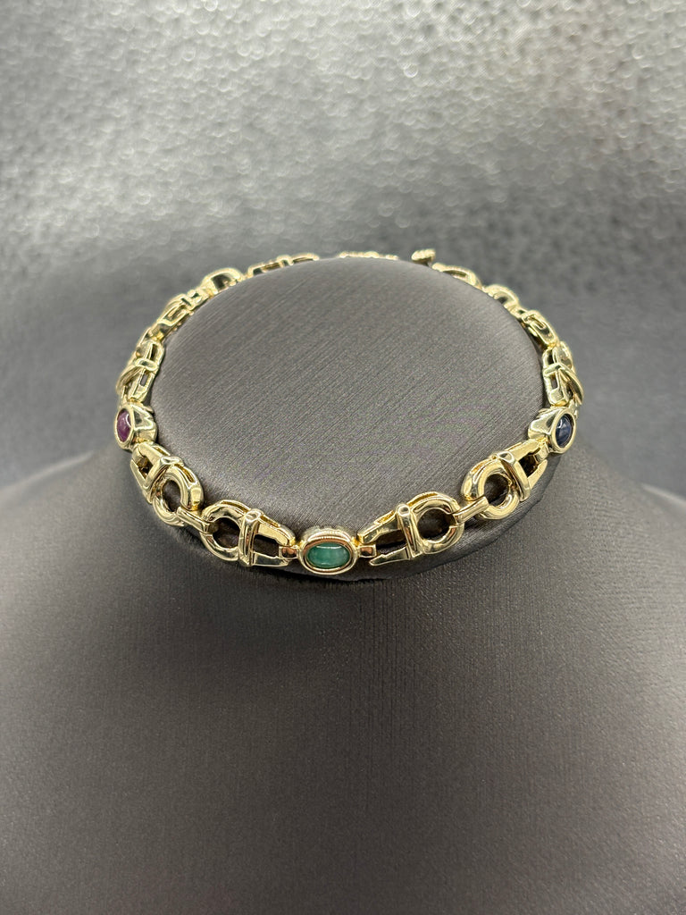14 Karat Yellow Gold Italian Custom Colored Stone Link Bracelet