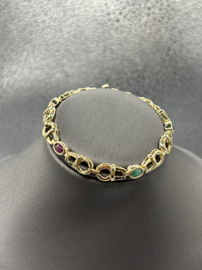 14 Karat Yellow Gold Italian Custom Colored Stone Link Bracelet