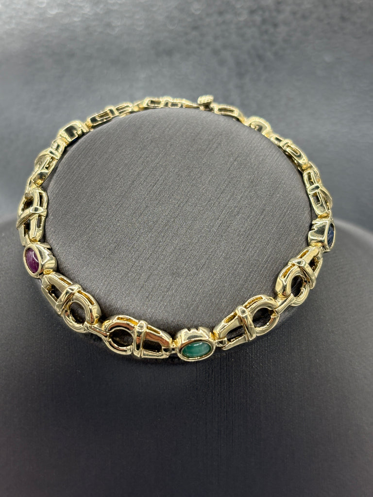 14 Karat Yellow Gold Italian Custom Colored Stone Link Bracelet