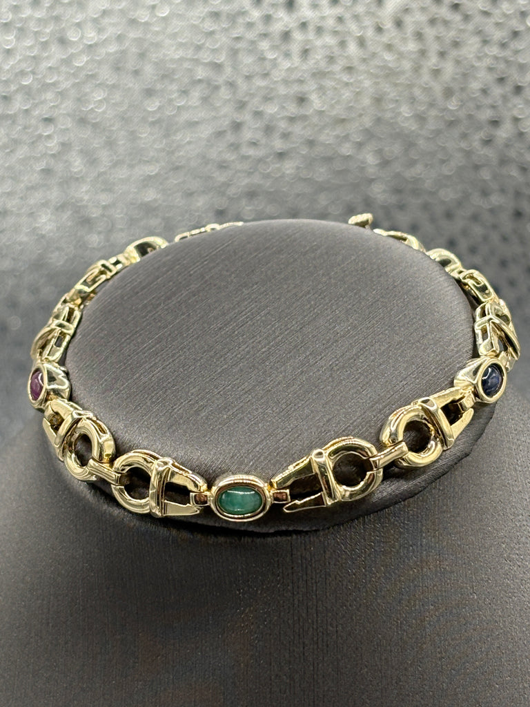 14 Karat Yellow Gold Italian Custom Colored Stone Link Bracelet