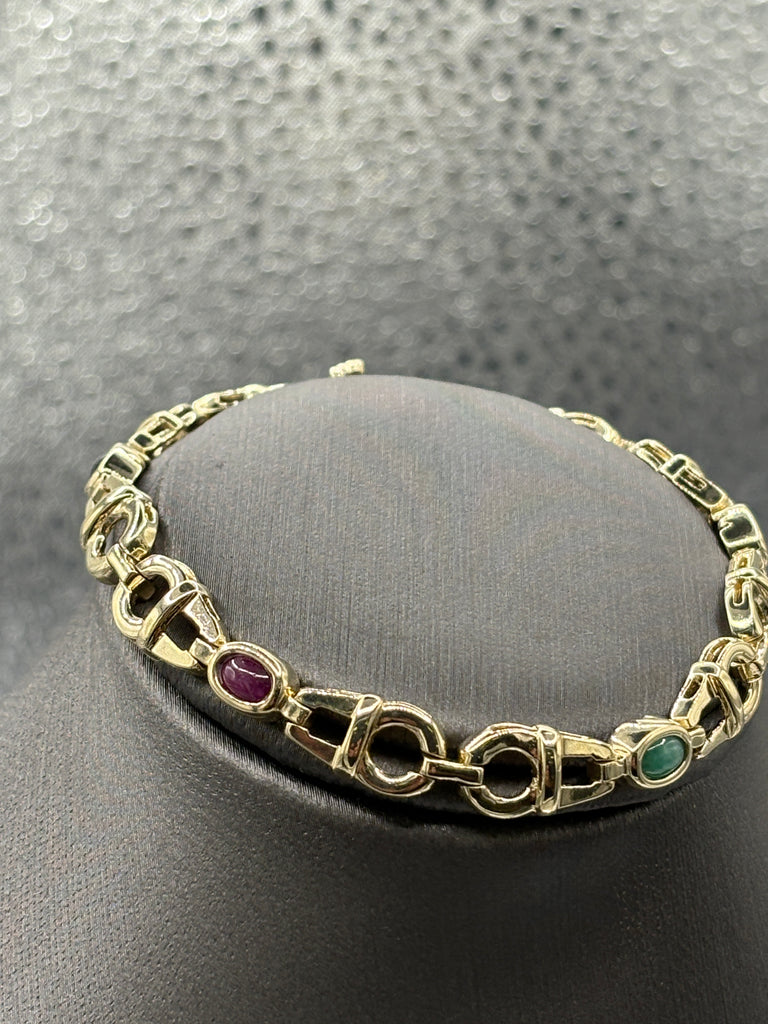 14 Karat Yellow Gold Italian Custom Colored Stone Link Bracelet