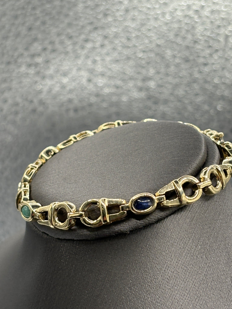14 Karat Yellow Gold Italian Custom Colored Stone Link Bracelet