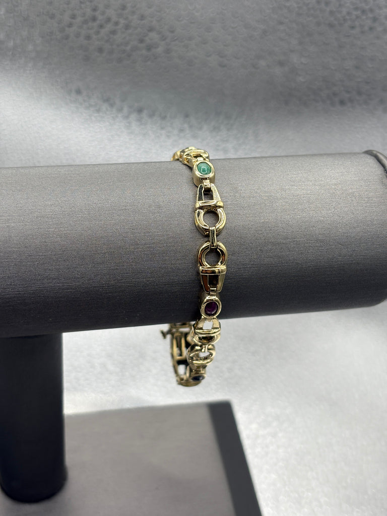 14 Karat Yellow Gold Italian Custom Colored Stone Link Bracelet