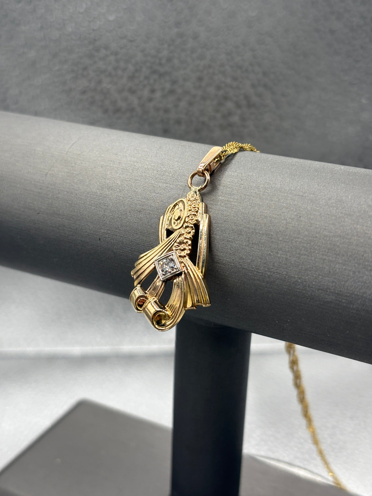 14 Karat Yellow Gold Diamond Art Nouveau Floral Ribbon Pendant