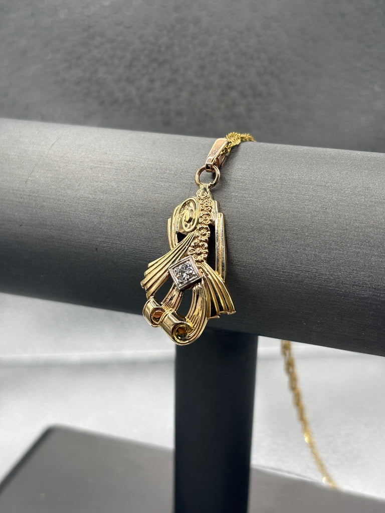 14 Karat Yellow Gold Diamond Art Nouveau Floral Ribbon Pendant