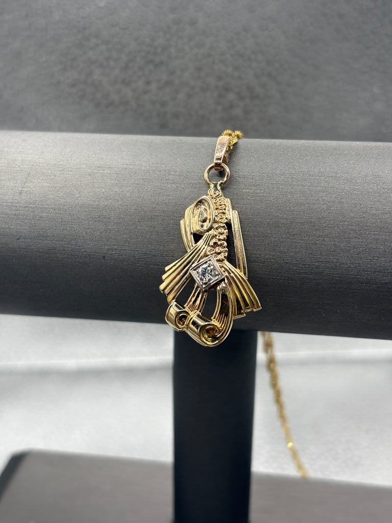 14 Karat Yellow Gold Diamond Art Nouveau Floral Ribbon Pendant