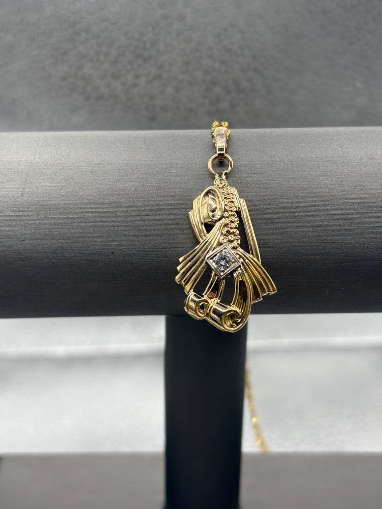 14 Karat Yellow Gold Diamond Art Nouveau Floral Ribbon Pendant