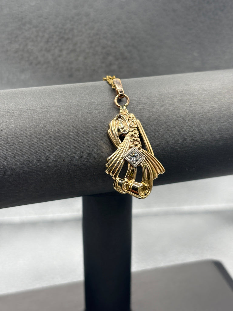 14 Karat Yellow Gold Diamond Art Nouveau Floral Ribbon Pendant