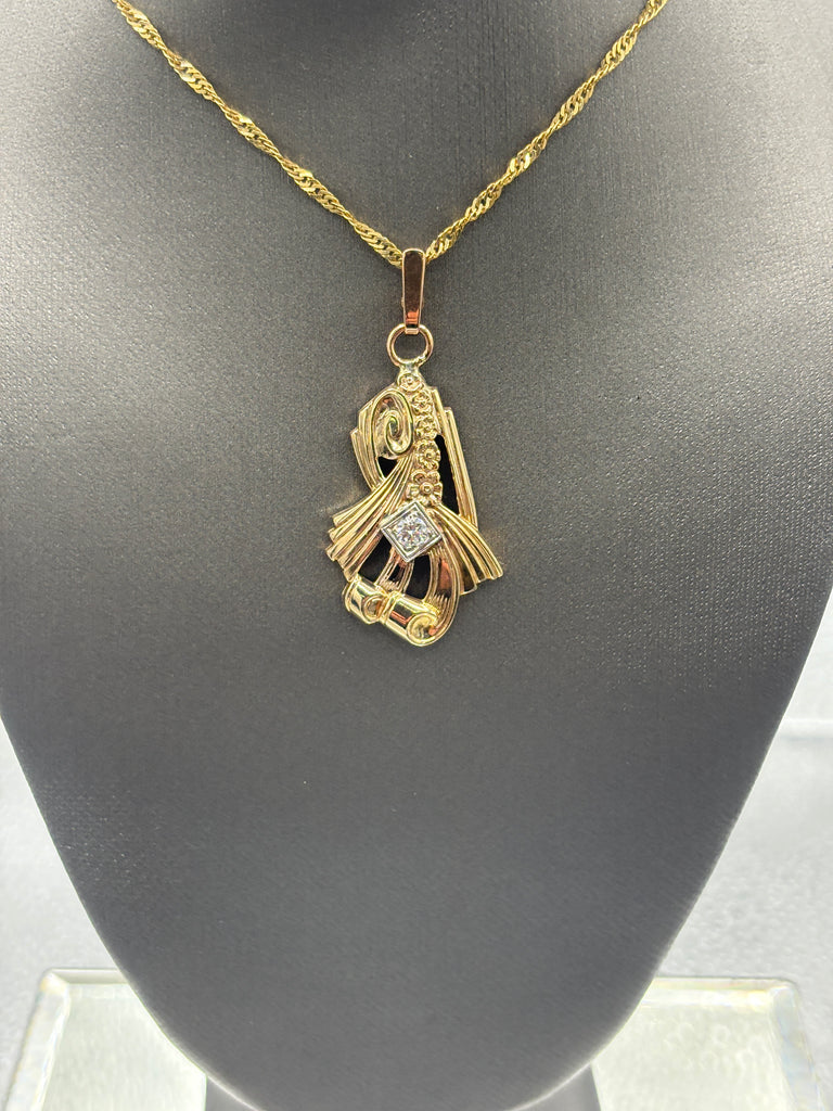 14 Karat Yellow Gold Diamond Art Nouveau Floral Ribbon Pendant
