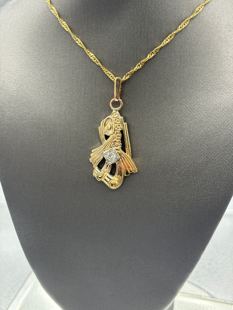 14 Karat Yellow Gold Diamond Art Nouveau Floral Ribbon Pendant