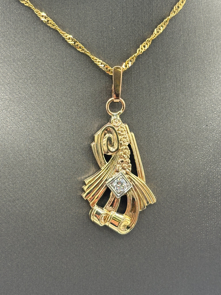 14 Karat Yellow Gold Diamond Art Nouveau Floral Ribbon Pendant