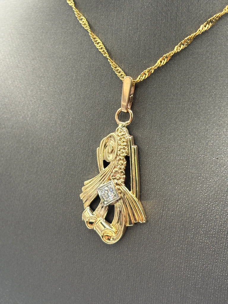14 Karat Yellow Gold Diamond Art Nouveau Floral Ribbon Pendant