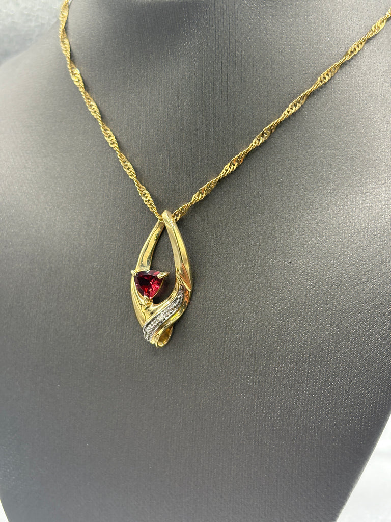 10 Karat Yellow Gold Triangle Shape Garnet & Diamond Pendant