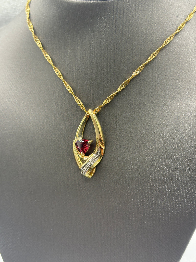 10 Karat Yellow Gold Triangle Shape Garnet & Diamond Pendant