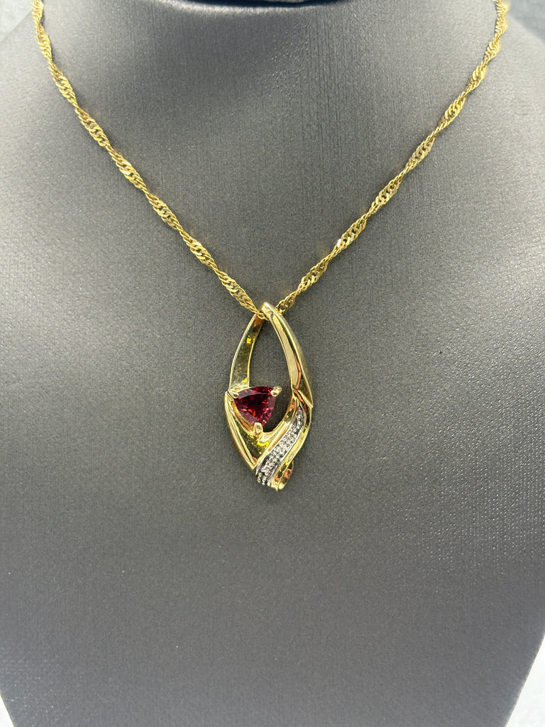 10 Karat Yellow Gold Triangle Shape Garnet & Diamond Pendant