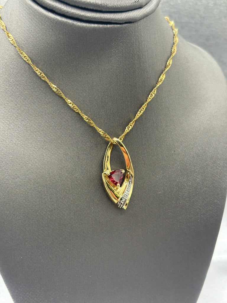 10 Karat Yellow Gold Triangle Shape Garnet & Diamond Pendant