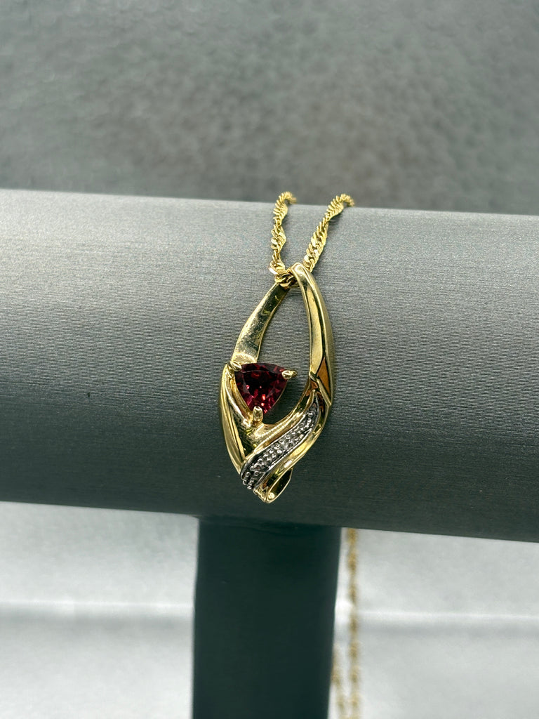 10 Karat Yellow Gold Triangle Shape Garnet & Diamond Pendant