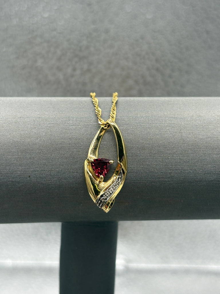 10 Karat Yellow Gold Triangle Shape Garnet & Diamond Pendant