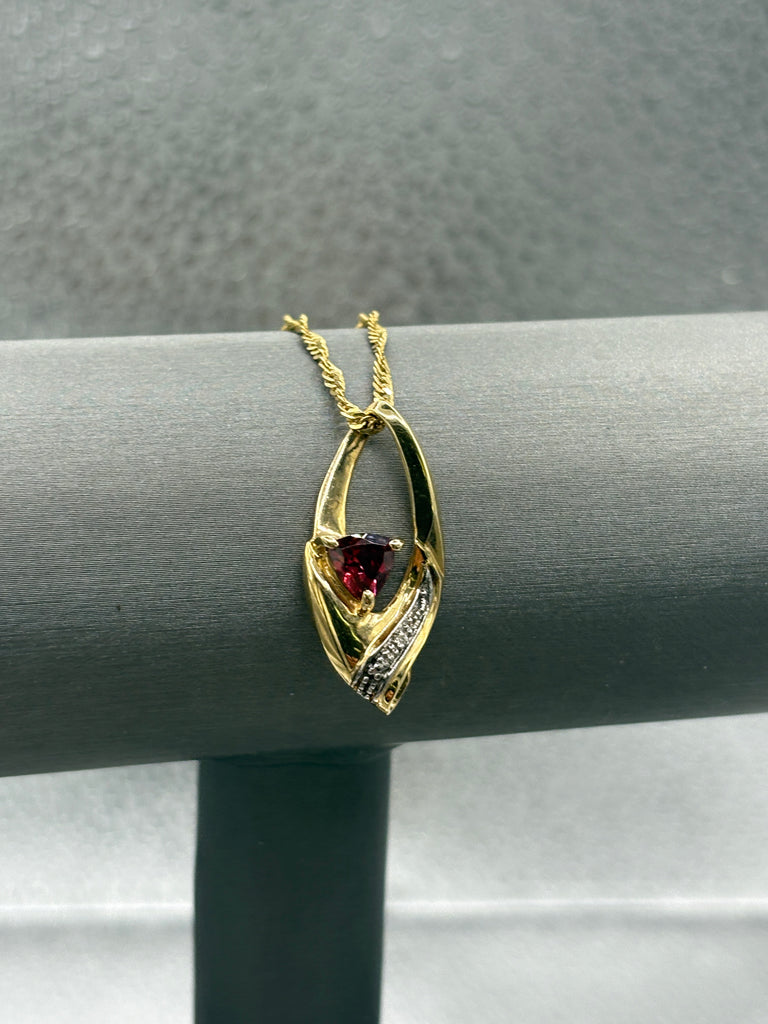 10 Karat Yellow Gold Triangle Shape Garnet & Diamond Pendant