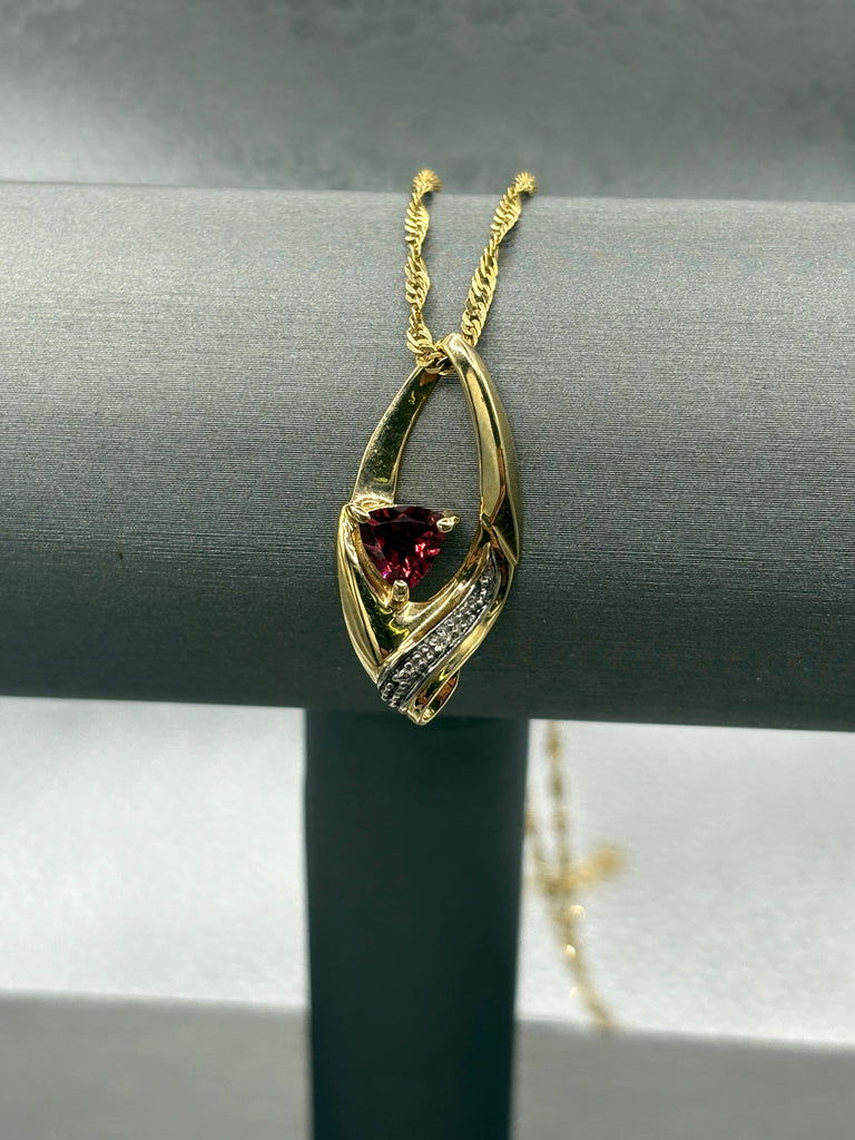 10 Karat Yellow Gold Triangle Shape Garnet & Diamond Pendant