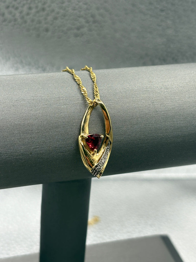 10 Karat Yellow Gold Triangle Shape Garnet & Diamond Pendant