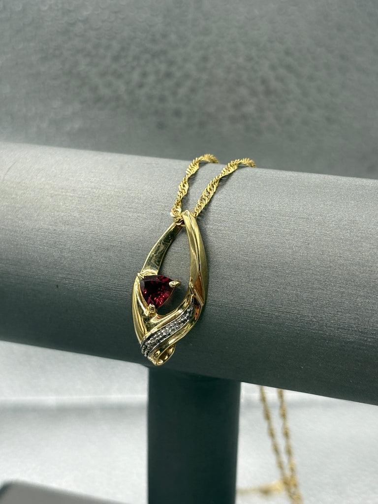 10 Karat Yellow Gold Triangle Shape Garnet & Diamond Pendant