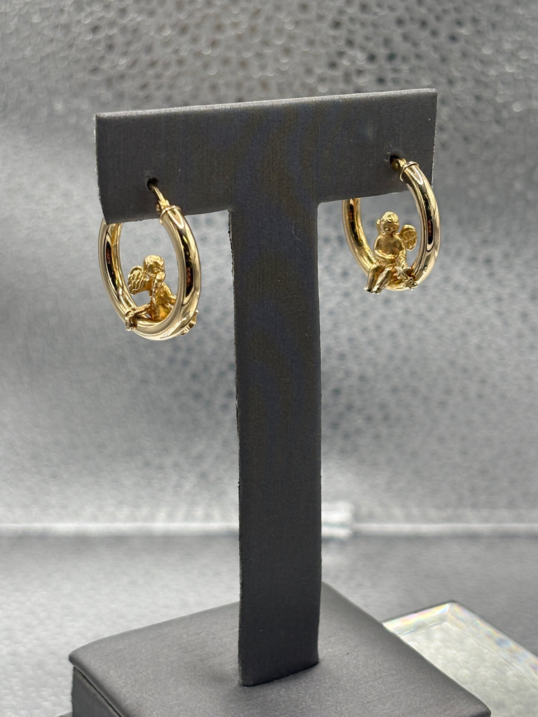 14 Karat Yellow Gold Ladies Hoop Earrings With Angel