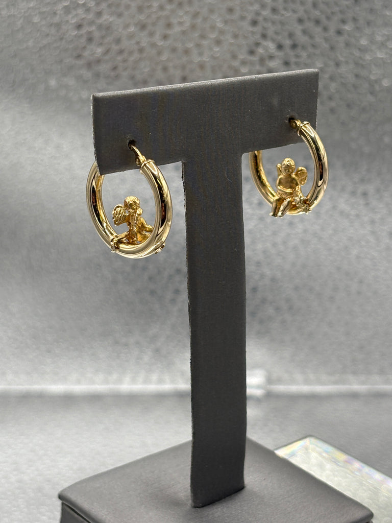14 Karat Yellow Gold Ladies Hoop Earrings With Angel