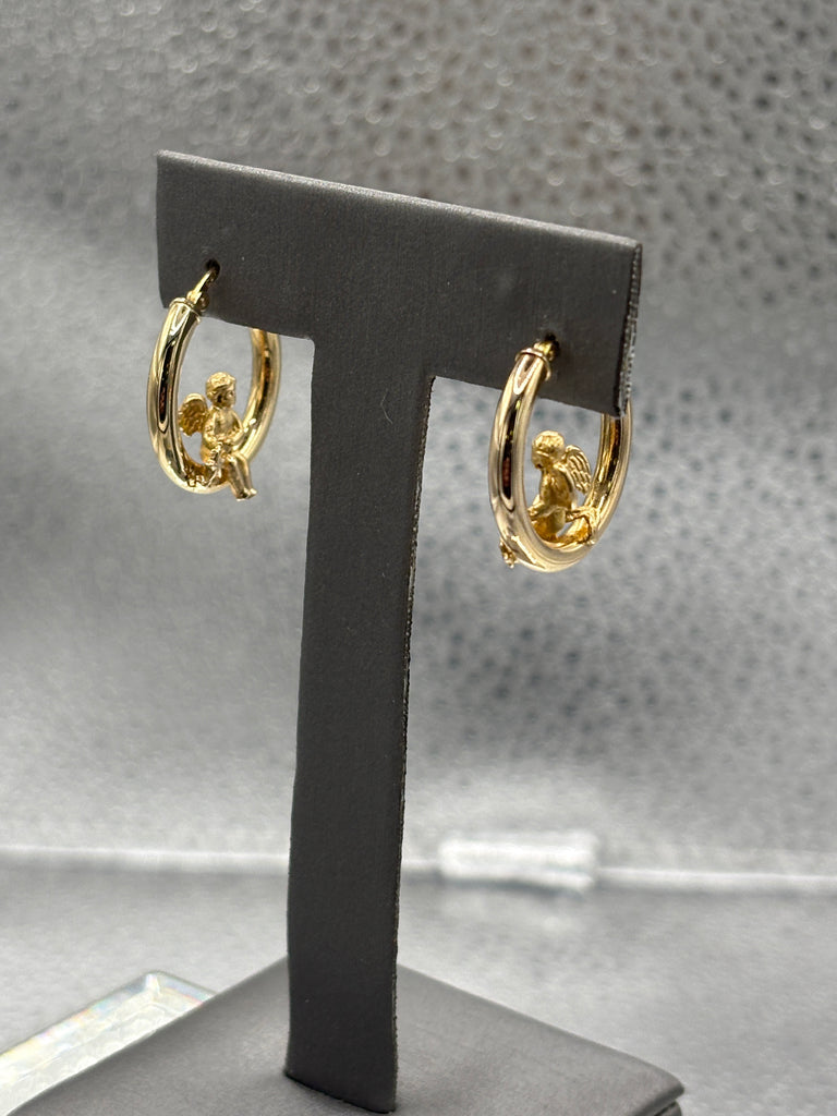 14 Karat Yellow Gold Ladies Hoop Earrings With Angel