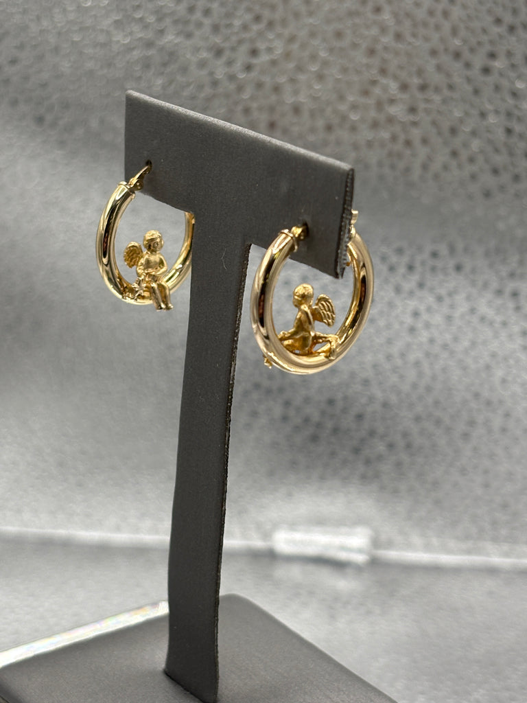 14 Karat Yellow Gold Ladies Hoop Earrings With Angel