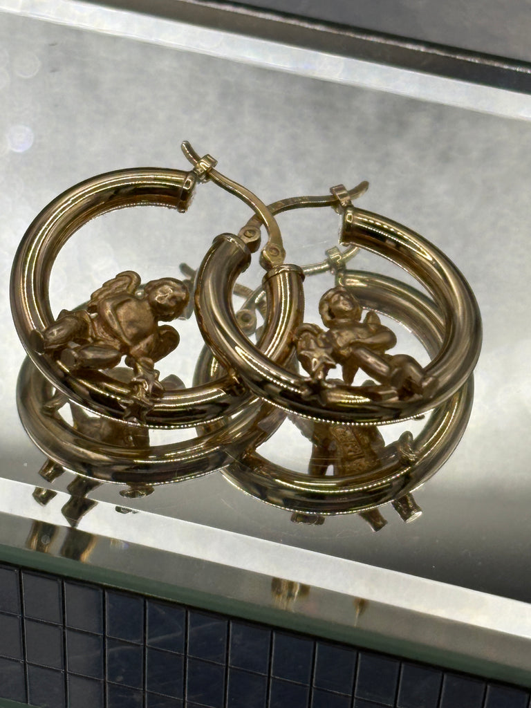 14 Karat Yellow Gold Ladies Hoop Earrings With Angel