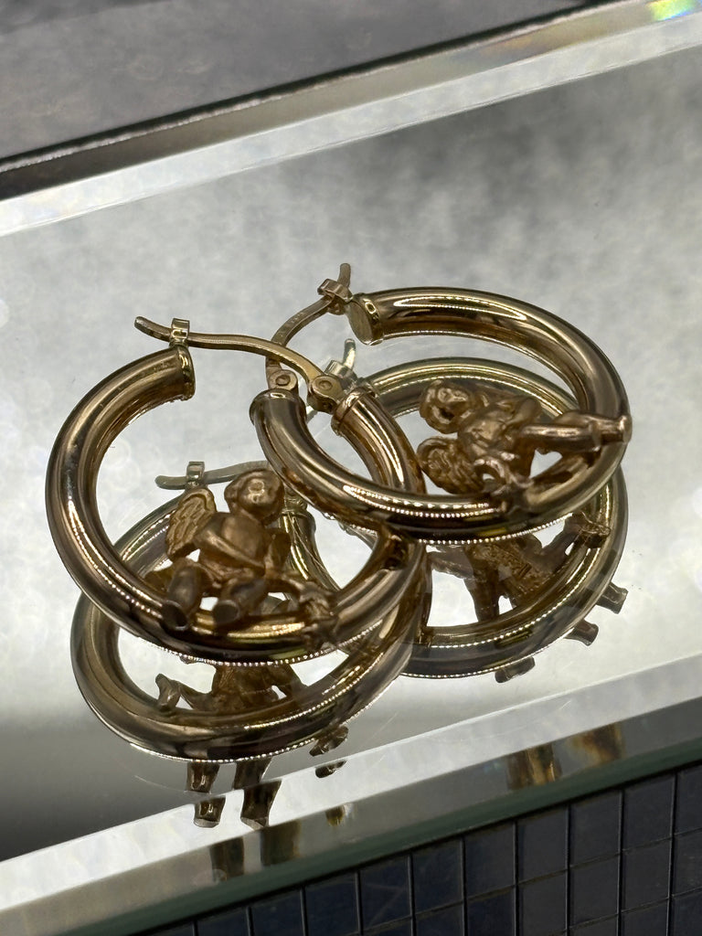 14 Karat Yellow Gold Ladies Hoop Earrings With Angel