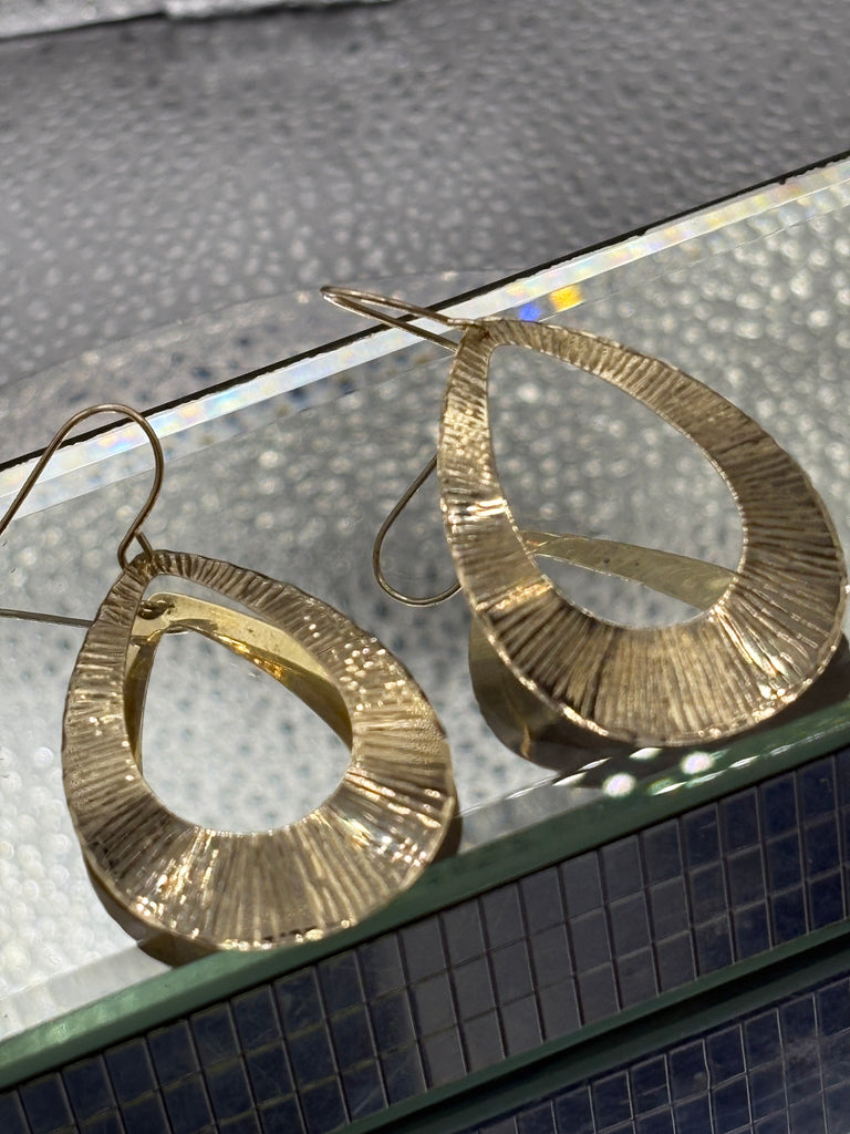 14 Karat Yellow Gold Textured Teardrop Dangle Earrings