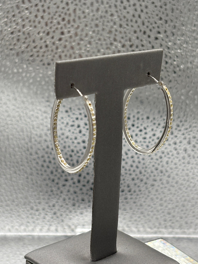 14 Karat White Gold Ladies Oval Inside/Out Diamond Hoop Earrings