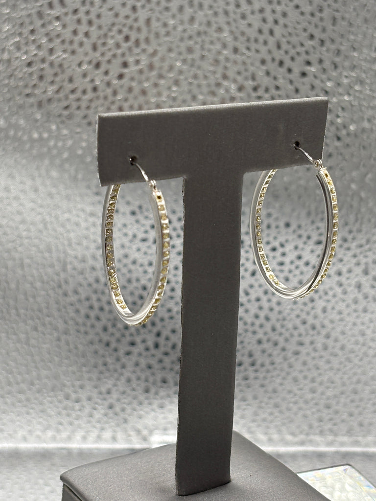 14 Karat White Gold Ladies Oval Inside/Out Diamond Hoop Earrings