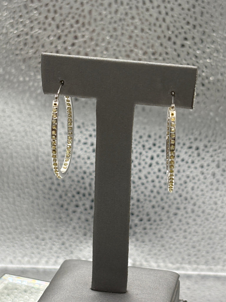 14 Karat White Gold Ladies Oval Inside/Out Diamond Hoop Earrings