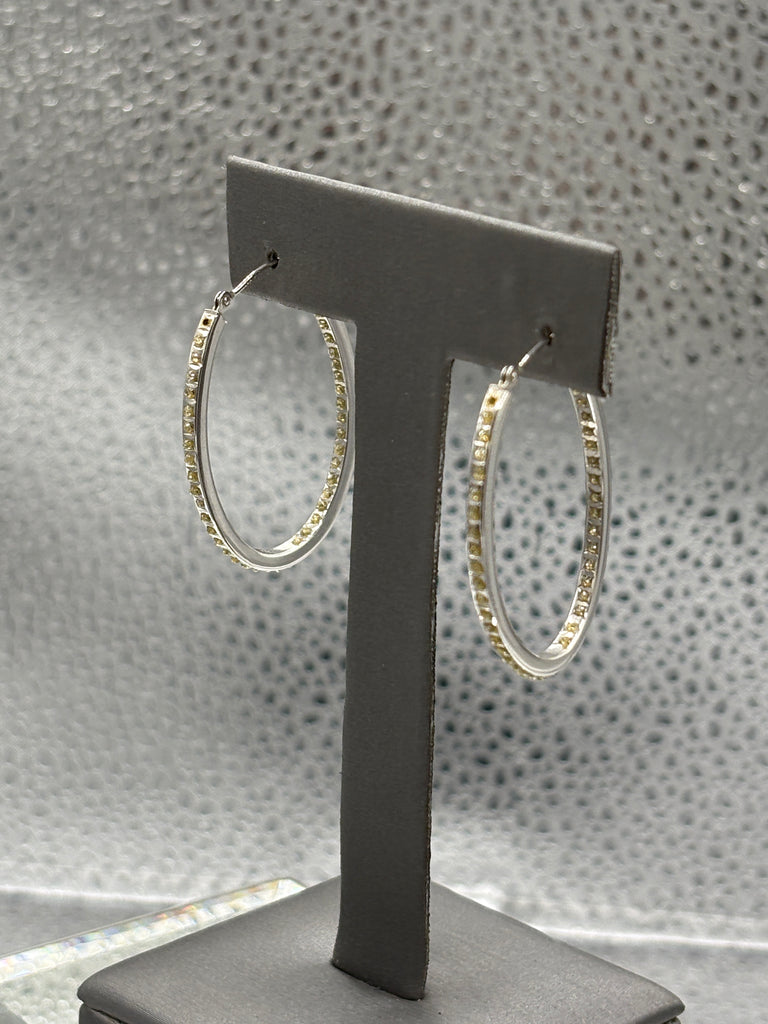14 Karat White Gold Ladies Oval Inside/Out Diamond Hoop Earrings