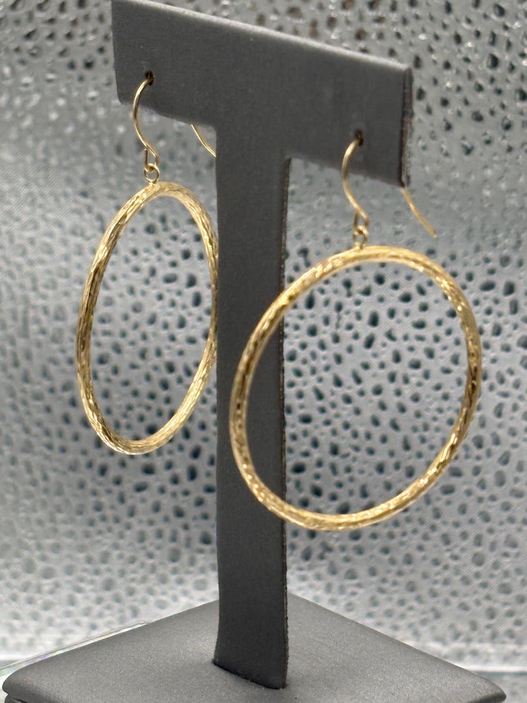 14 Karat Yellow Gold Diamond Cut Textured Hoop Wire Earrings