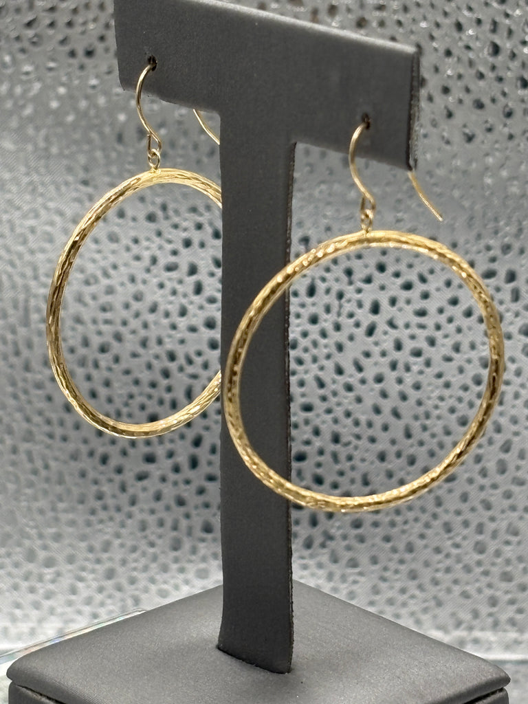 14 Karat Yellow Gold Diamond Cut Textured Hoop Wire Earrings
