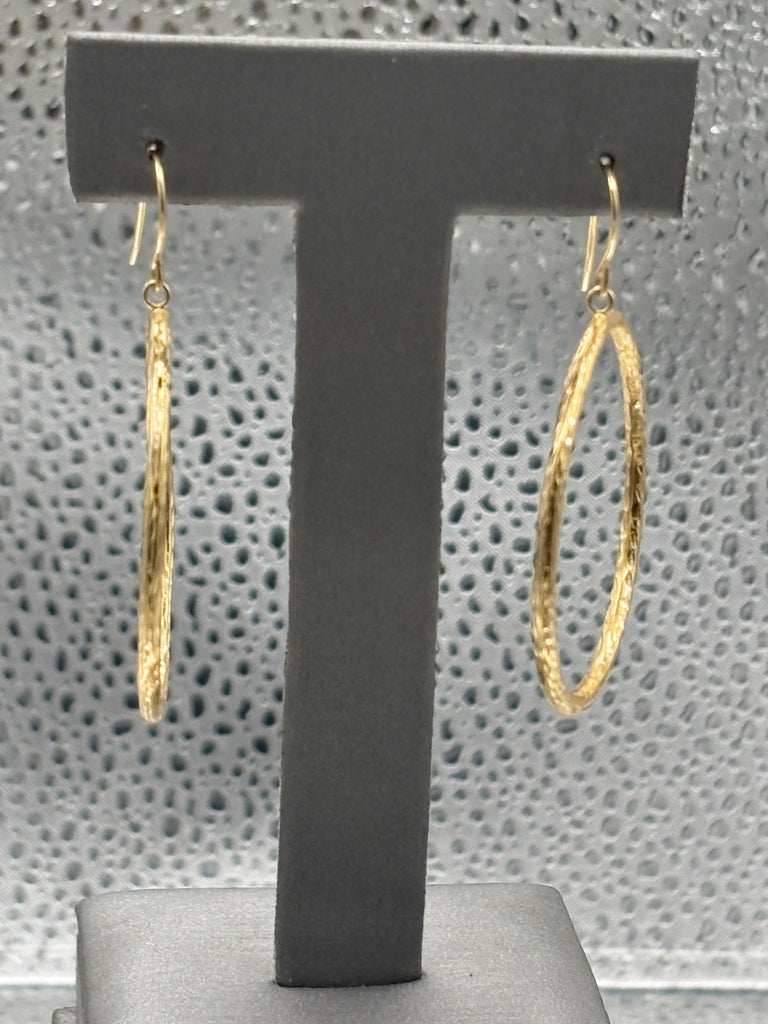 14 Karat Yellow Gold Diamond Cut Textured Hoop Wire Earrings