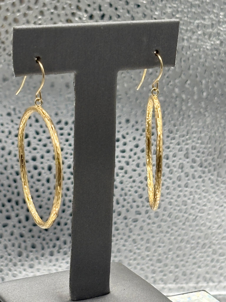 14 Karat Yellow Gold Diamond Cut Textured Hoop Wire Earrings