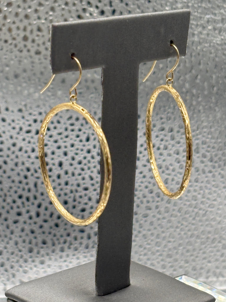 14 Karat Yellow Gold Diamond Cut Textured Hoop Wire Earrings