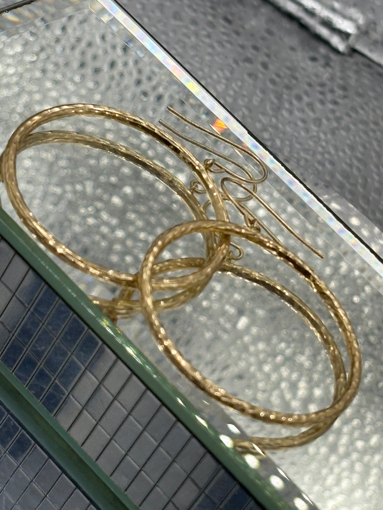 14 Karat Yellow Gold Diamond Cut Textured Hoop Wire Earrings